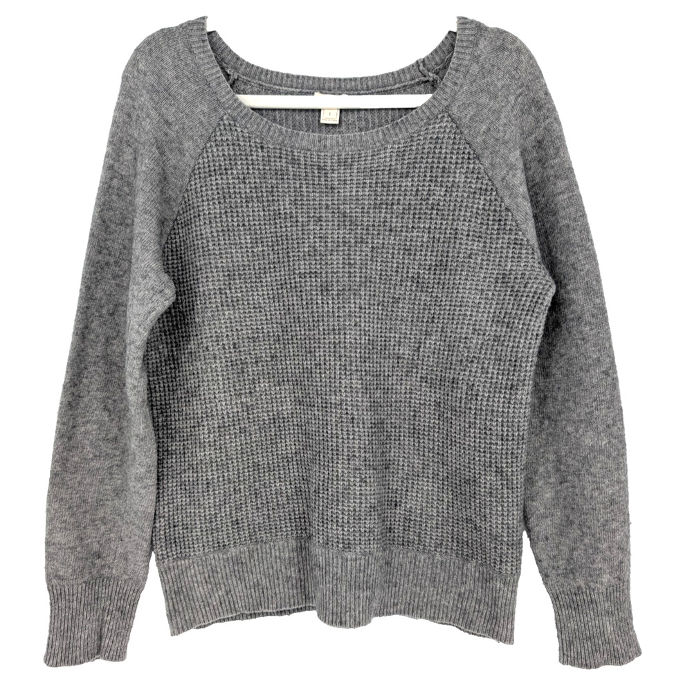 J Crew Womens Merino Wool Gray‎ Waffle Knit Classic Preppy Round Neck Sweater LG